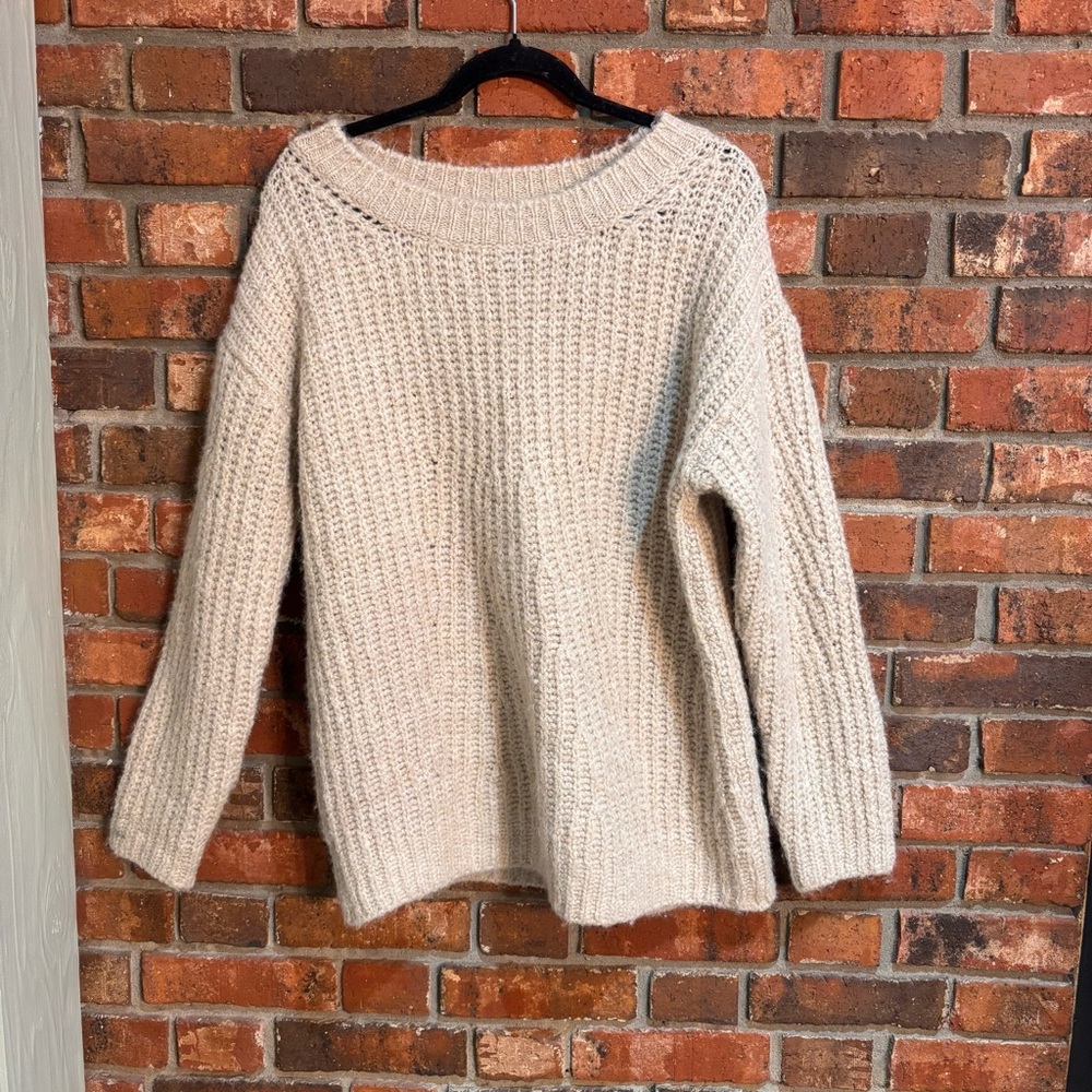 Anthropologie womens wool blend distressed chunky knit sweater oatmeal XS